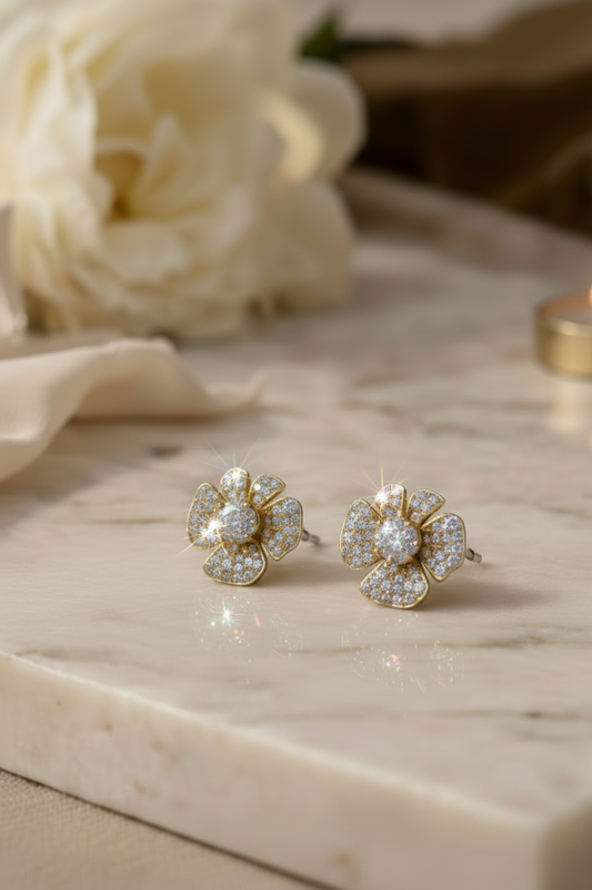Gold Floral Stud Earrings for Women Party Wear
