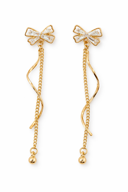 Gold Bow Chain & Crystal Ribbon Long Dangle Drop Earrings