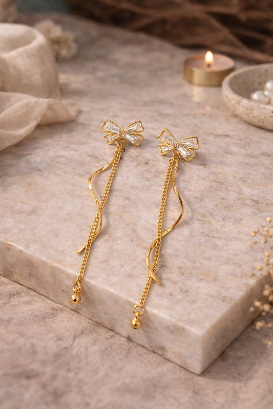 Gold Bow Chain & Crystal Ribbon Long Dangle Drop Earrings