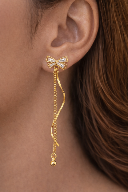 Gold Bow Chain & Crystal Ribbon Long Dangle Drop Earrings