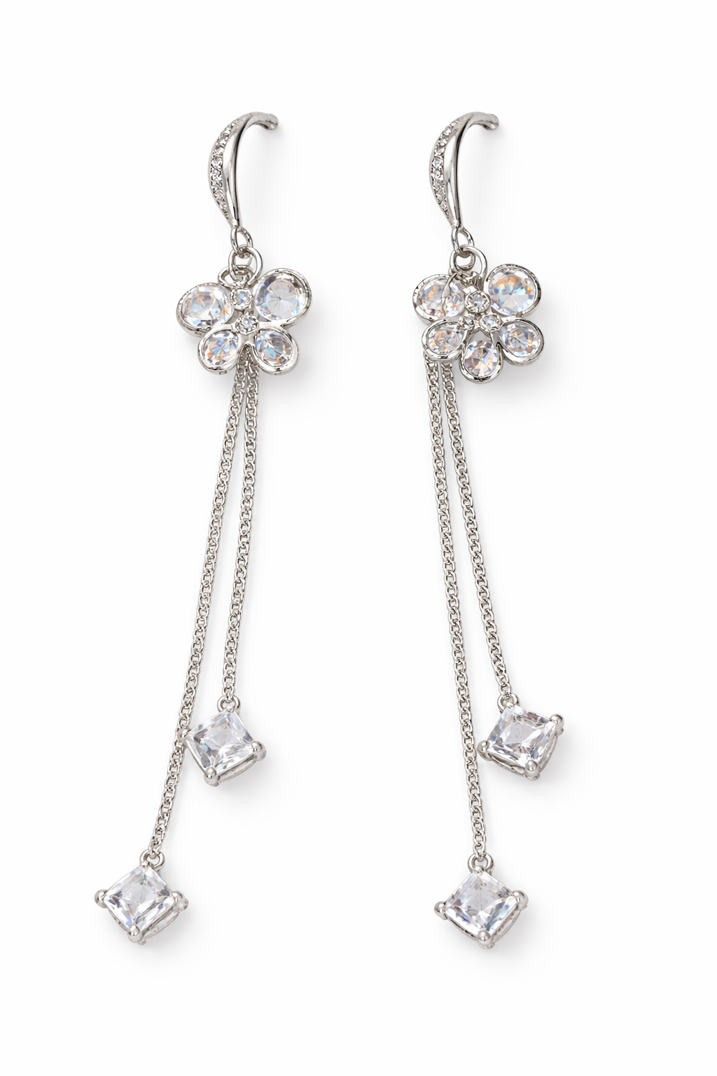 Silver Floral Earrings for Women Long Chain Party Wear