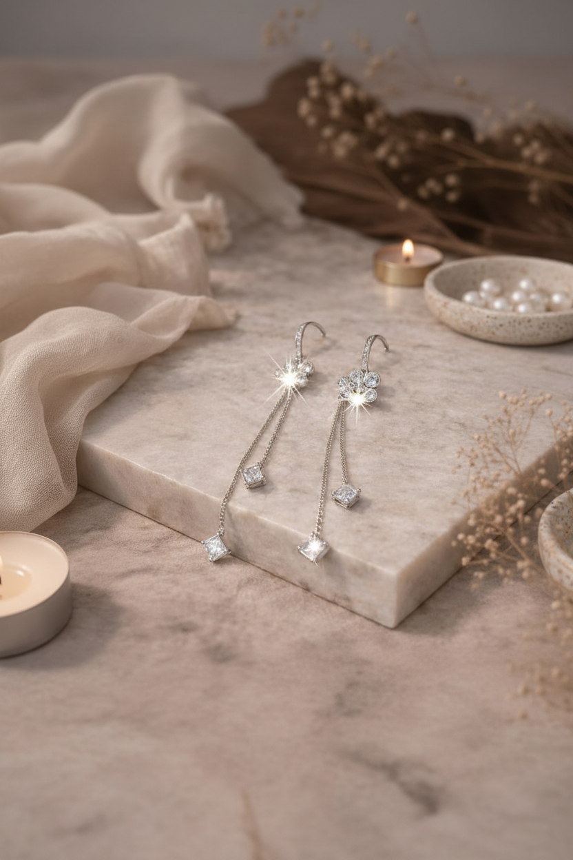 Silver Floral Earrings for Women Long Chain Party Wear