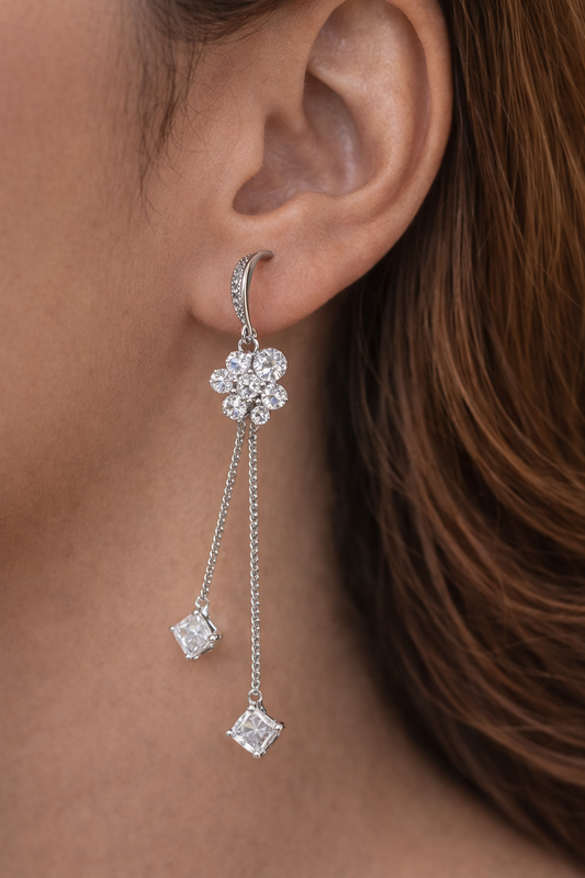 Silver Floral Earrings for Women Long Chain Party Wear