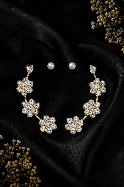 Gold Floral Crystal Ear Cuff Earrings for Women