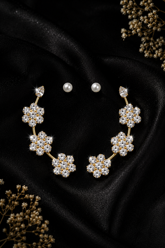 Gold Floral Crystal Ear Cuff Earrings for Women