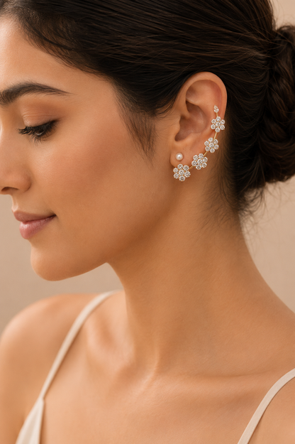 Gold Floral Crystal Ear Cuff Earrings for Women