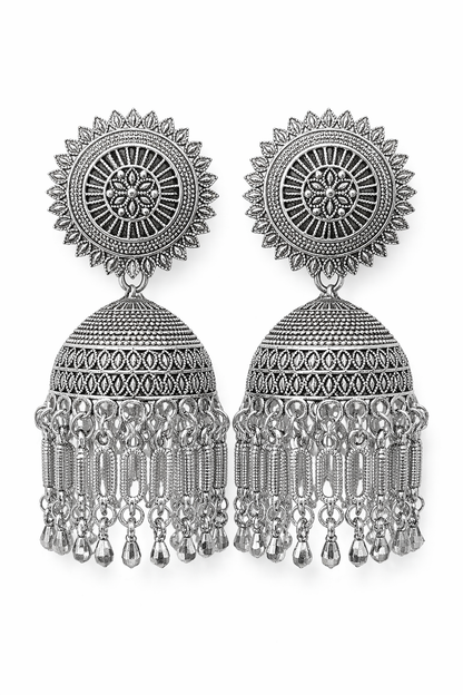 Silver Oxidised Jhumka Earrings with Chain Tassels for Women Ethnic Wear