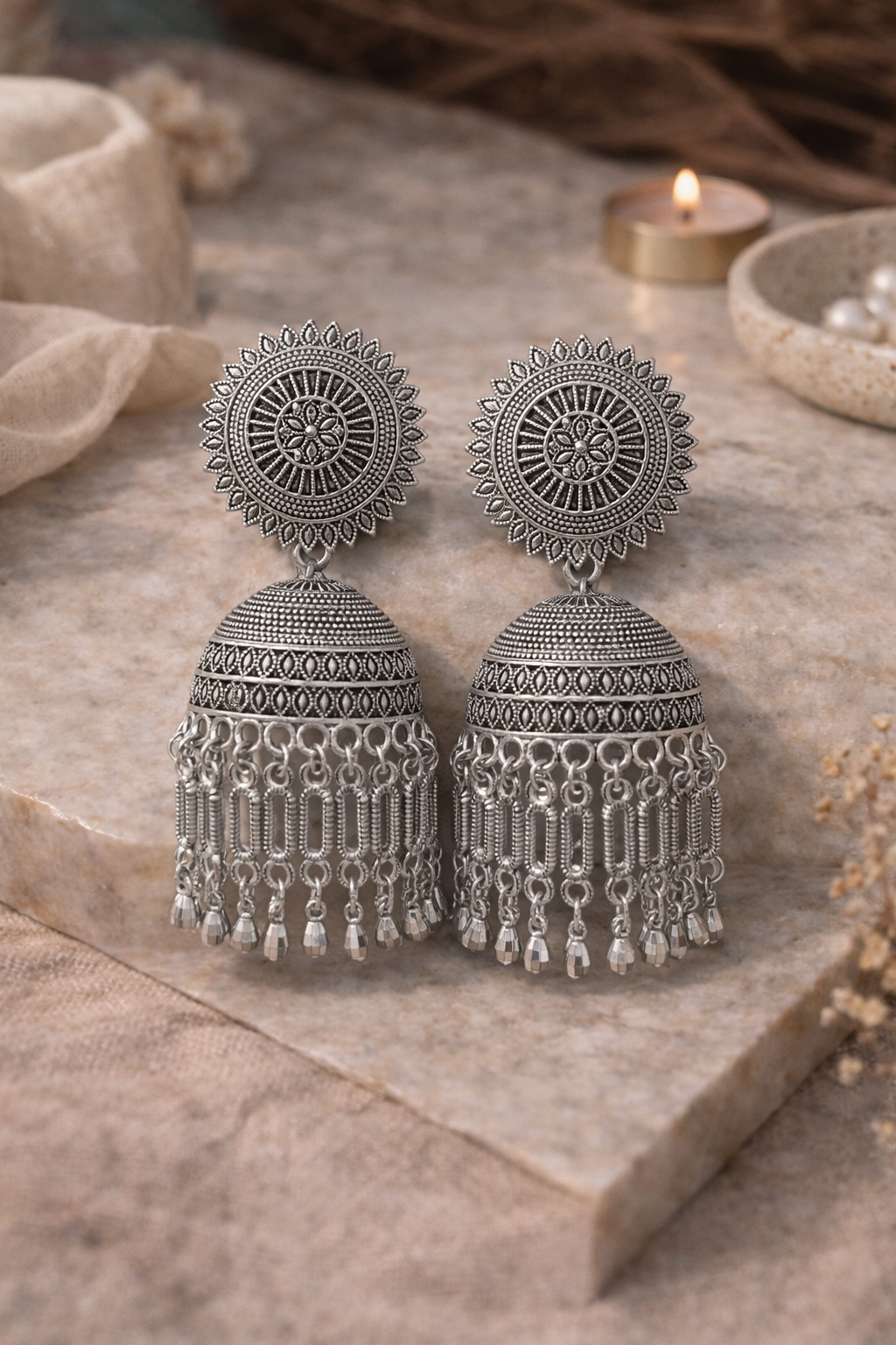 Silver Oxidised Jhumka Earrings with Chain Tassels for Women Ethnic Wear