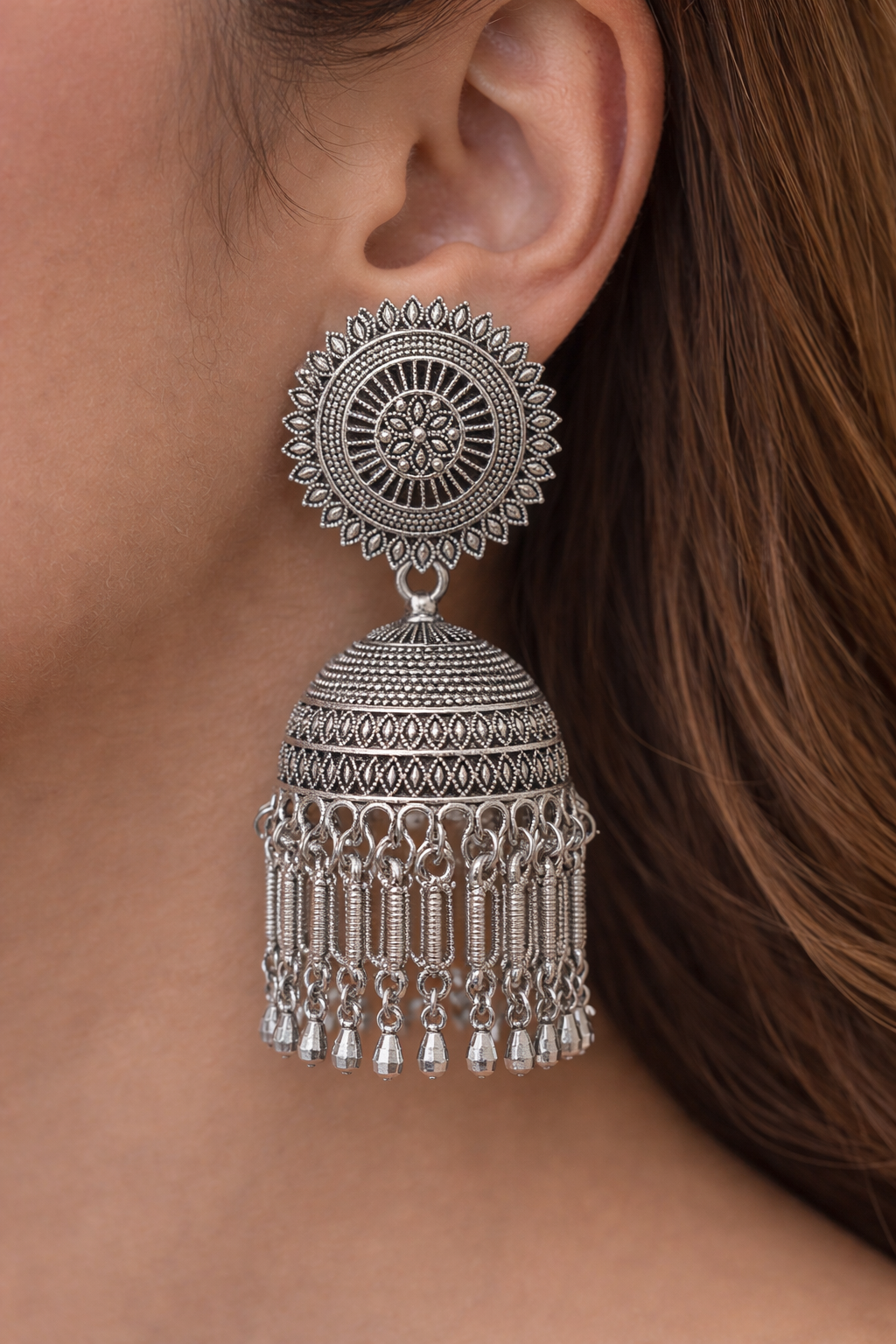 Silver Oxidised Jhumka Earrings with Chain Tassels for Women Ethnic Wear