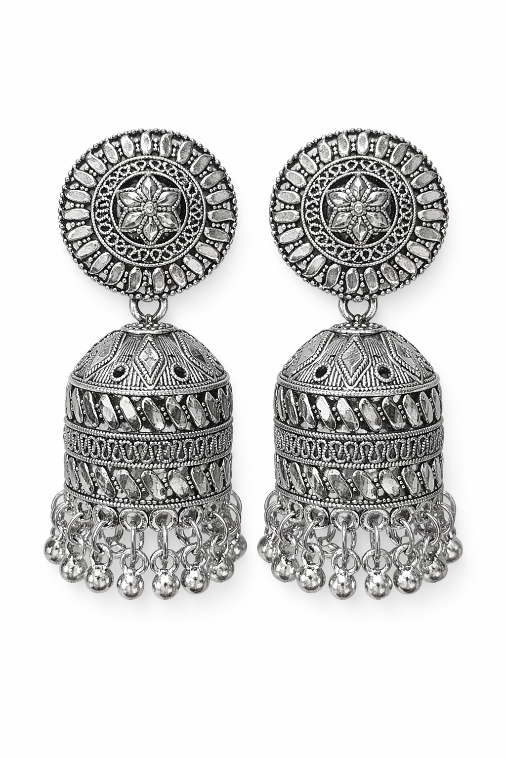 Silver Oxidised Dome Jhumka Earrings with Ghungroo Drops for Women Ethnic Wear