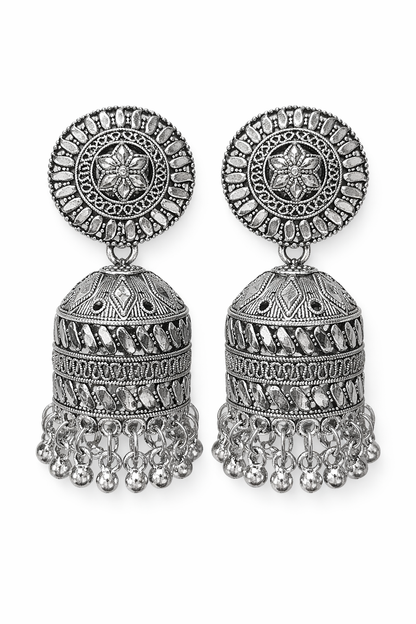 Silver Oxidised Dome Jhumka Earrings with Ghungroo Drops for Women Ethnic Wear