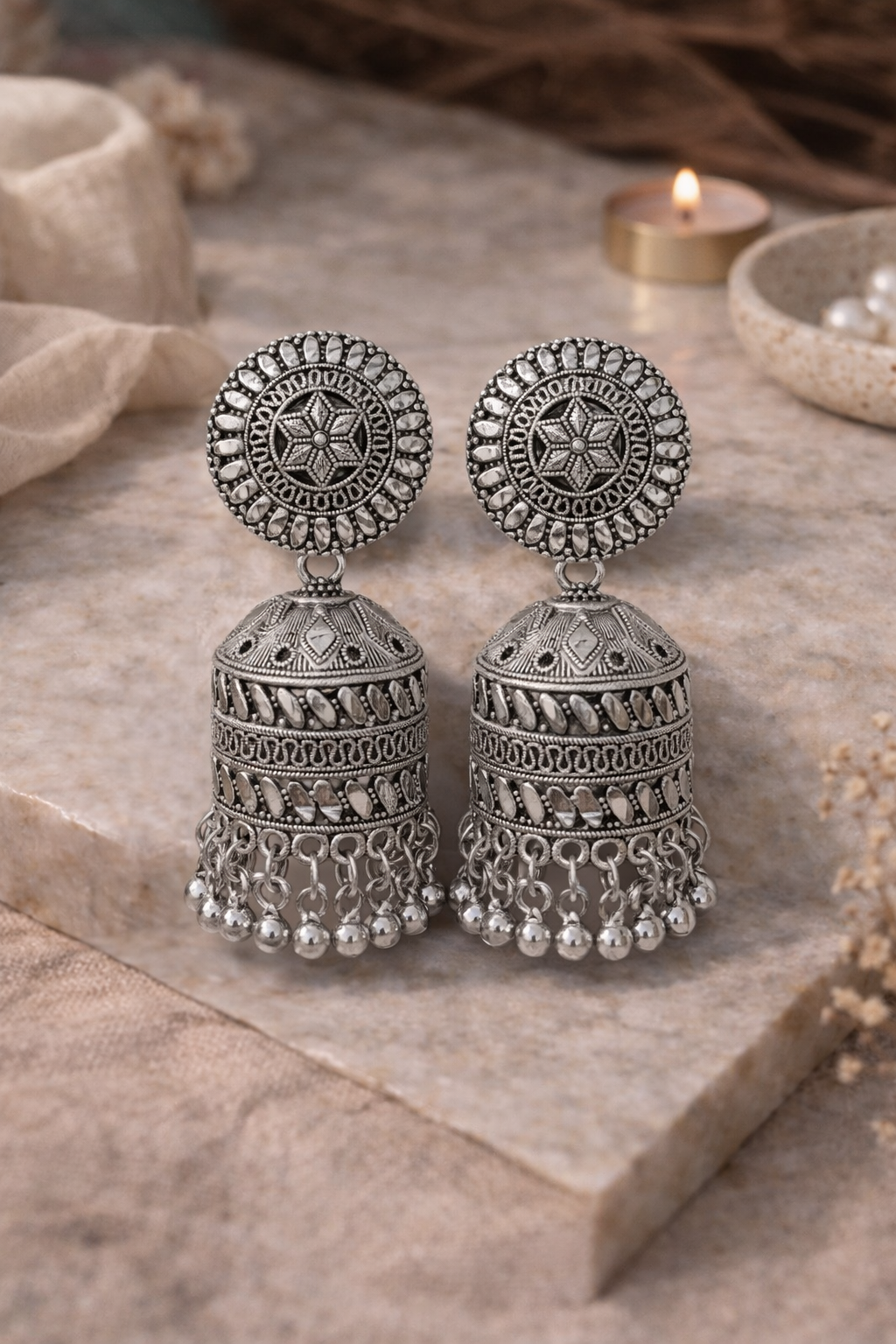 Silver Oxidised Dome Jhumka Earrings with Ghungroo Drops for Women Ethnic Wear
