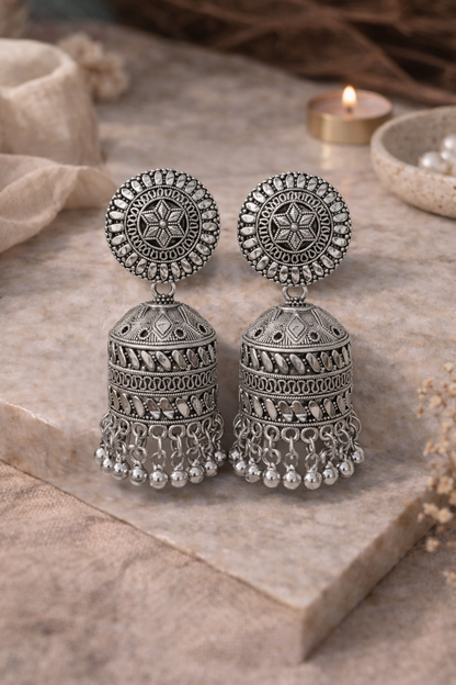 Silver Oxidised Dome Jhumka Earrings with Ghungroo Drops for Women Ethnic Wear