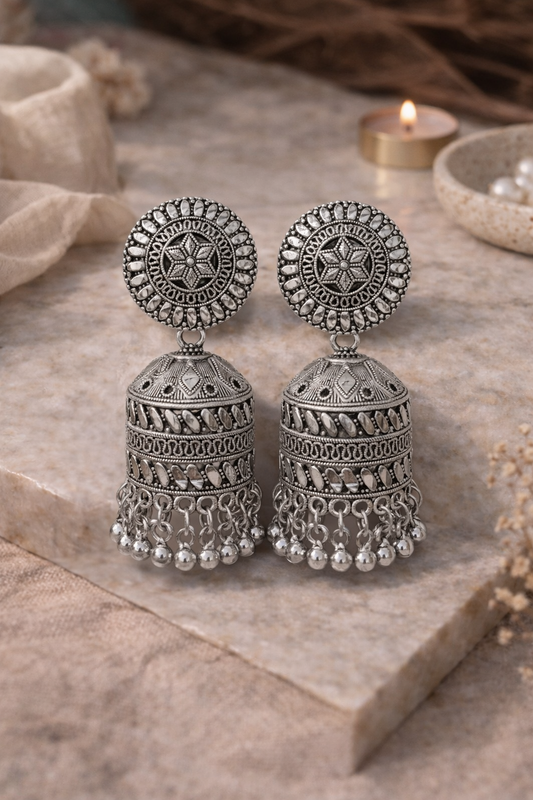 Silver Oxidised Dome Jhumka Earrings with Ghungroo Drops for Women Ethnic Wear