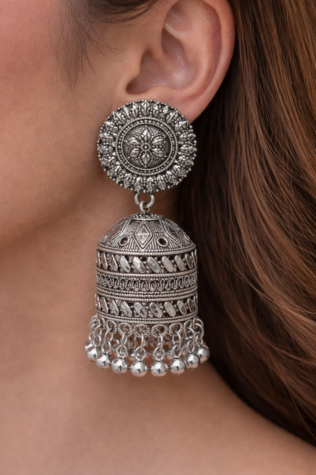 Silver Oxidised Dome Jhumka Earrings with Ghungroo Drops for Women Ethnic Wear