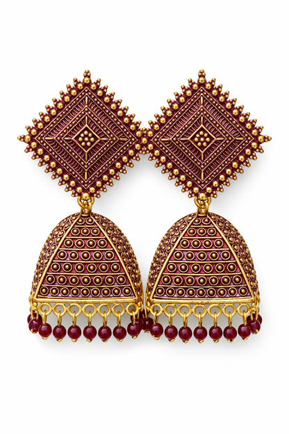 Pink Gold Triangle Dome Jhumka Earrings with Beads for Women Ethnic Wear