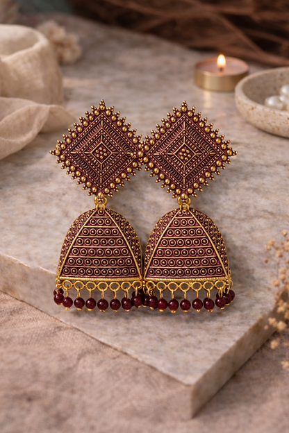 Pink Gold Triangle Dome Jhumka Earrings with Beads for Women Ethnic Wear