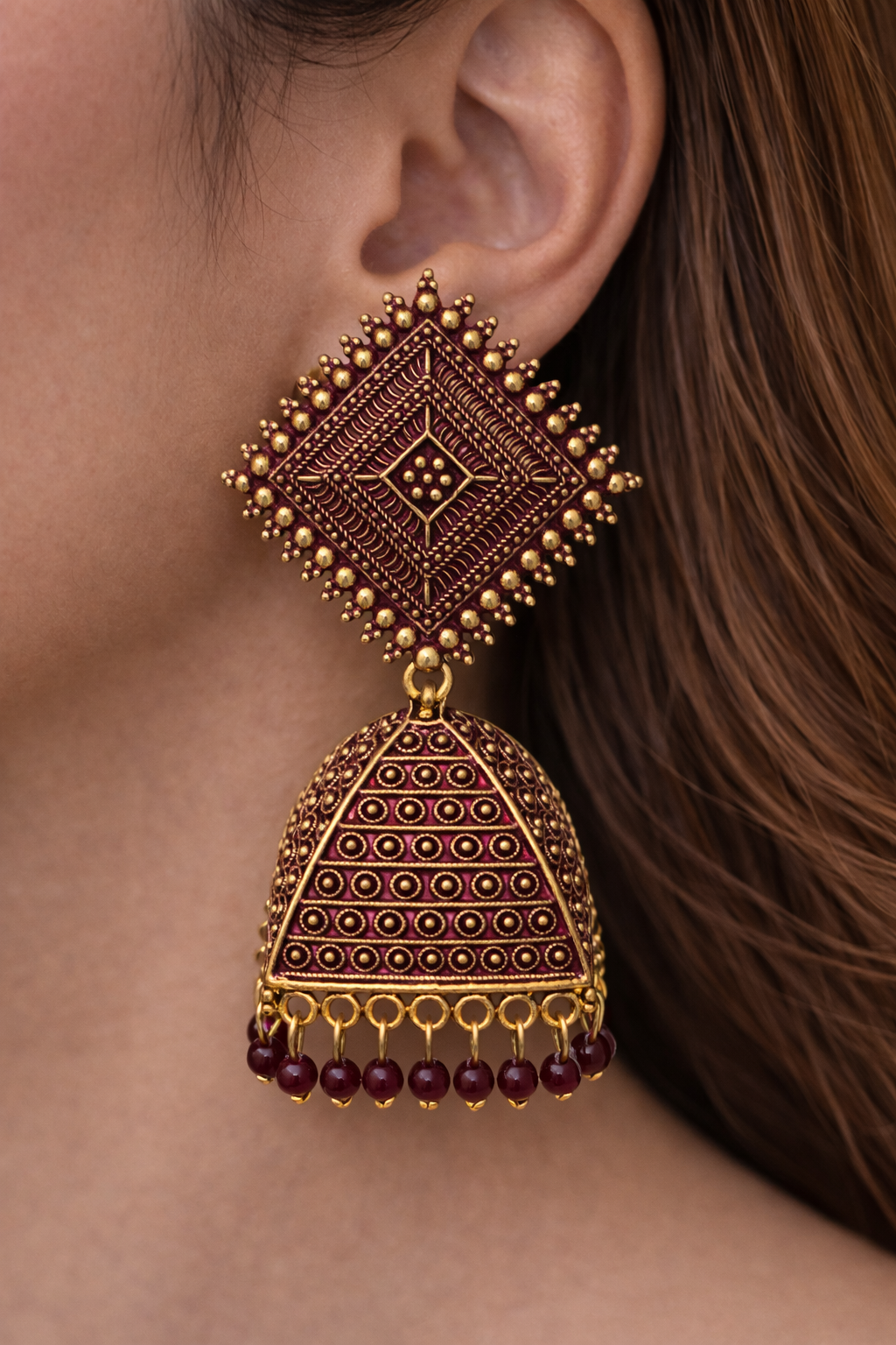Pink Gold Triangle Dome Jhumka Earrings with Beads for Women Ethnic Wear