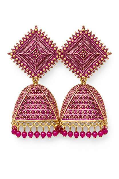 Gold Triangle Dome Jhumka Earrings with Beads for Women Ethnic Wear