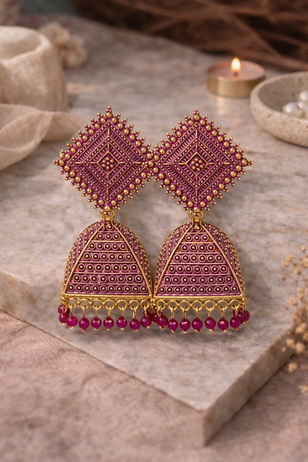 Gold Triangle Dome Jhumka Earrings with Beads for Women Ethnic Wear