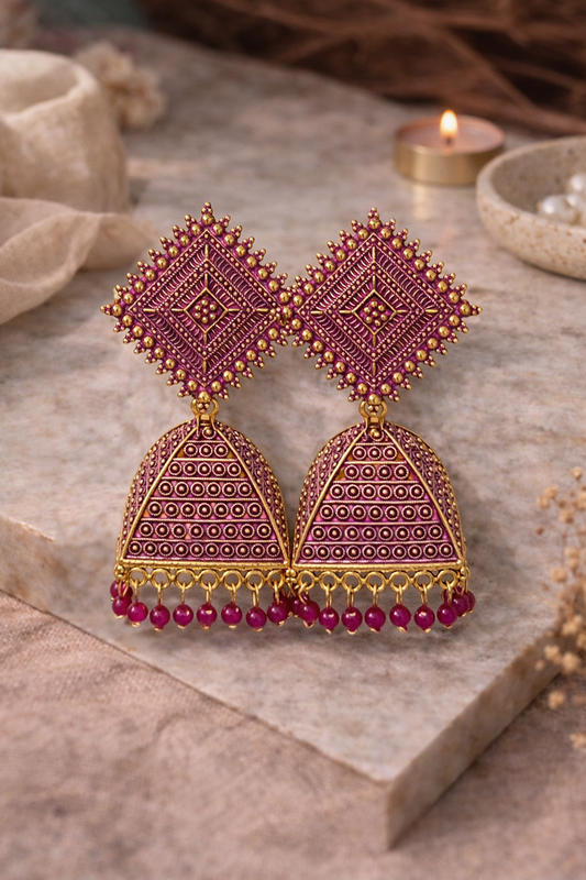 Gold Triangle Dome Jhumka Earrings with Beads for Women Ethnic Wear