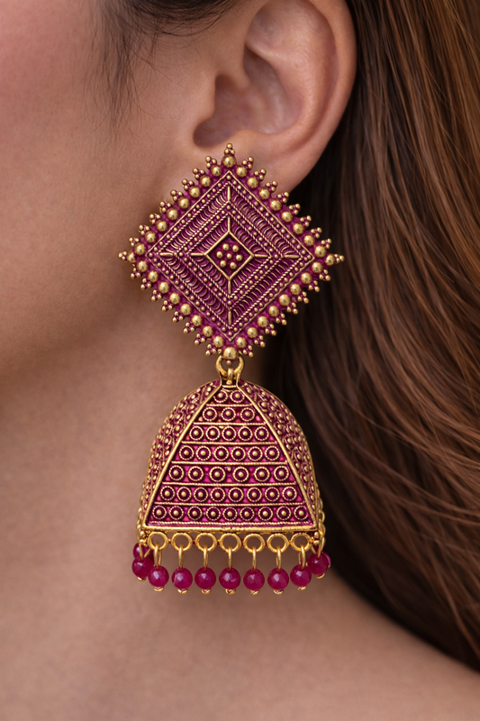 Gold Triangle Dome Jhumka Earrings with Beads for Women Ethnic Wear