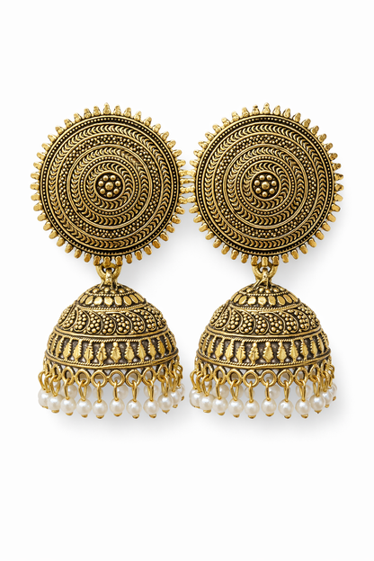 Gold Pearl Antique Jhumka Earrings for Women Ethnic Wear