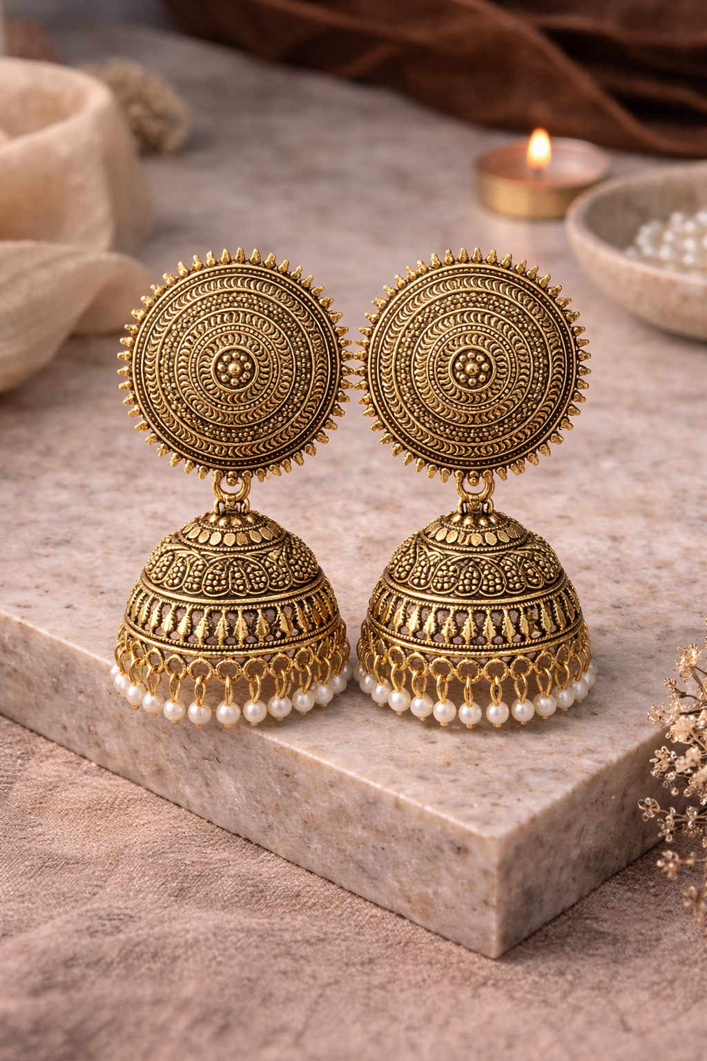 Gold Pearl Antique Jhumka Earrings for Women Ethnic Wear