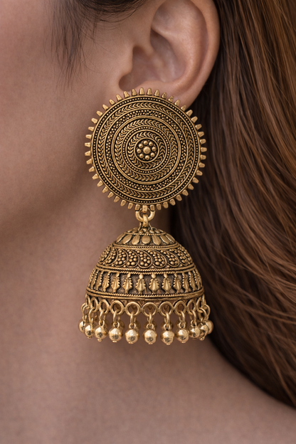 Gold Pearl Antique Jhumka Earrings for Women Ethnic Wear