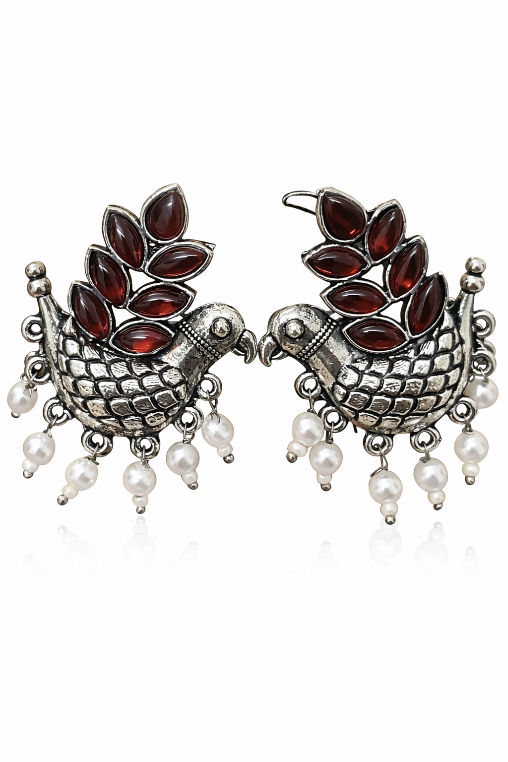 Silver Oxidised Bird Earrings with Red Stones and Pearls for Women Ethnic Wear