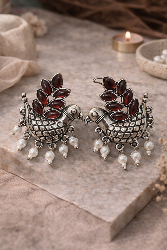 Silver Oxidised Bird Earrings with Red Stones and Pearls for Women Ethnic Wear
