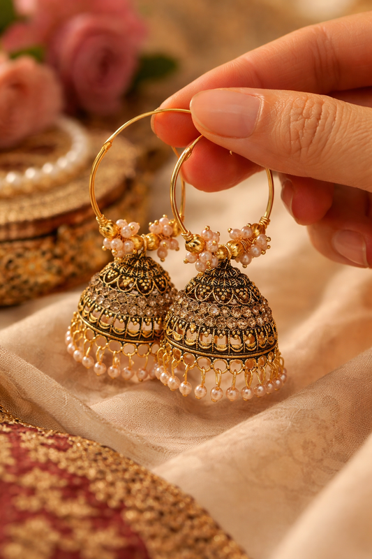 Gold Hoop Jhumka Earrings with Pearls for Women Ethnic Wear