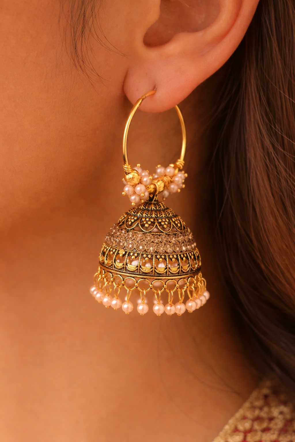 Gold Hoop Jhumka Earrings with Pearls for Women Ethnic Wear
