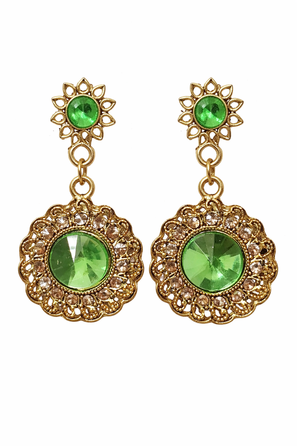 Green Stone Antique Gold Dangle Earrings for Women Traditional Party Wear