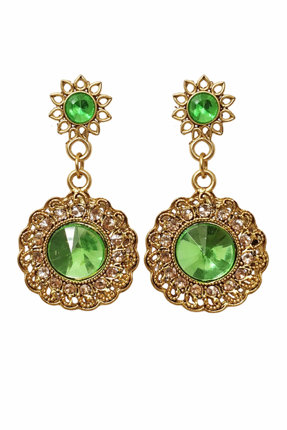 Green Stone Antique Gold Dangle Earrings for Women Traditional Party Wear