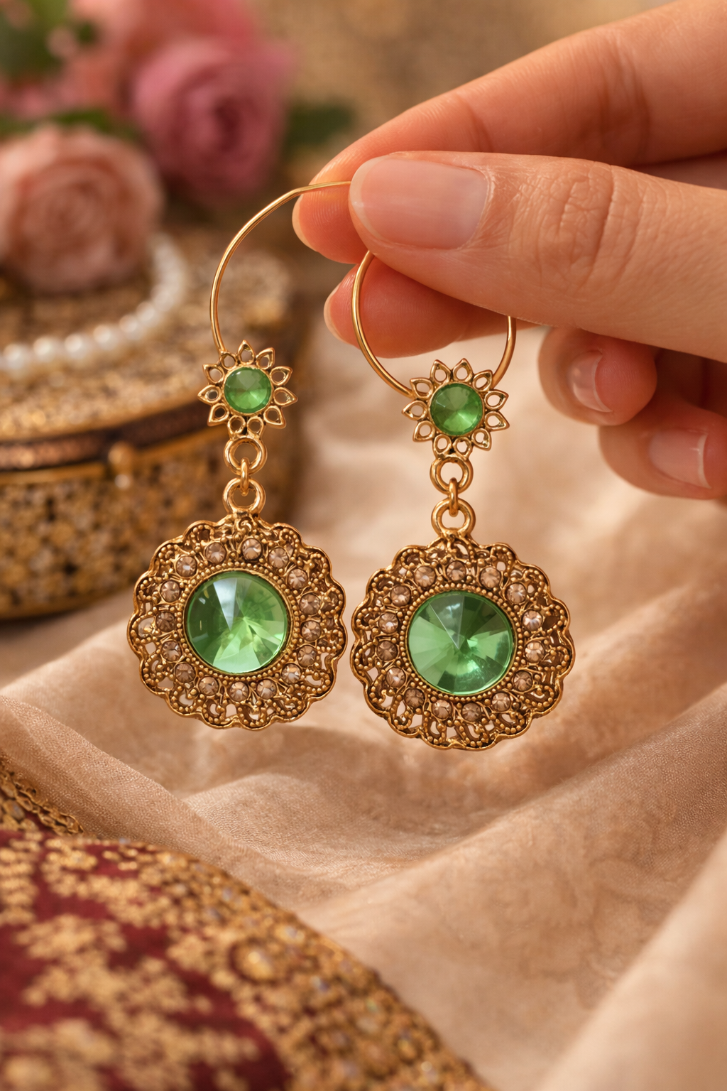 Green Stone Antique Gold Dangle Earrings for Women Traditional Party Wear