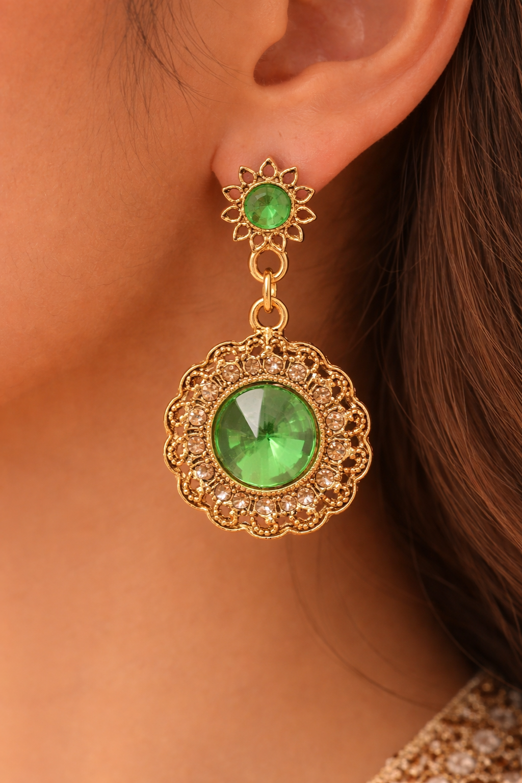 Green Stone Antique Gold Dangle Earrings for Women Traditional Party Wear