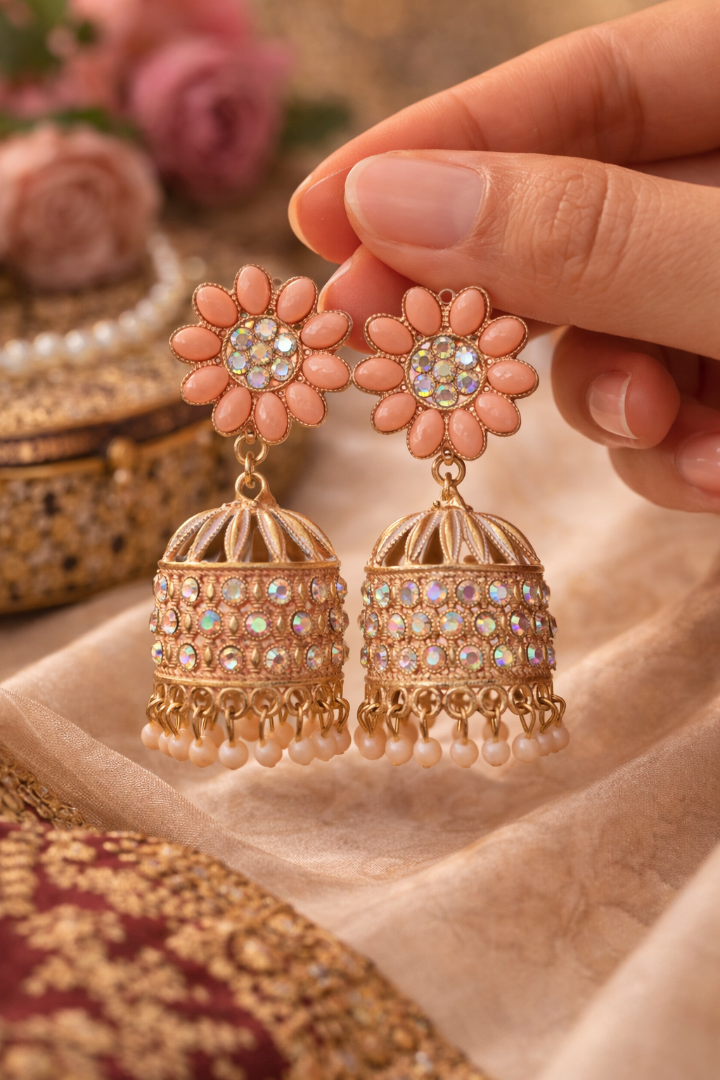 Peach Stone Heavy Jhumka Earrings for Women Party Wear Traditional