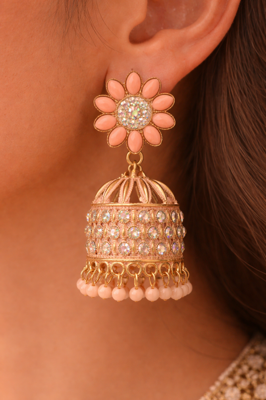 Peach Stone Heavy Jhumka Earrings for Women Party Wear Traditional