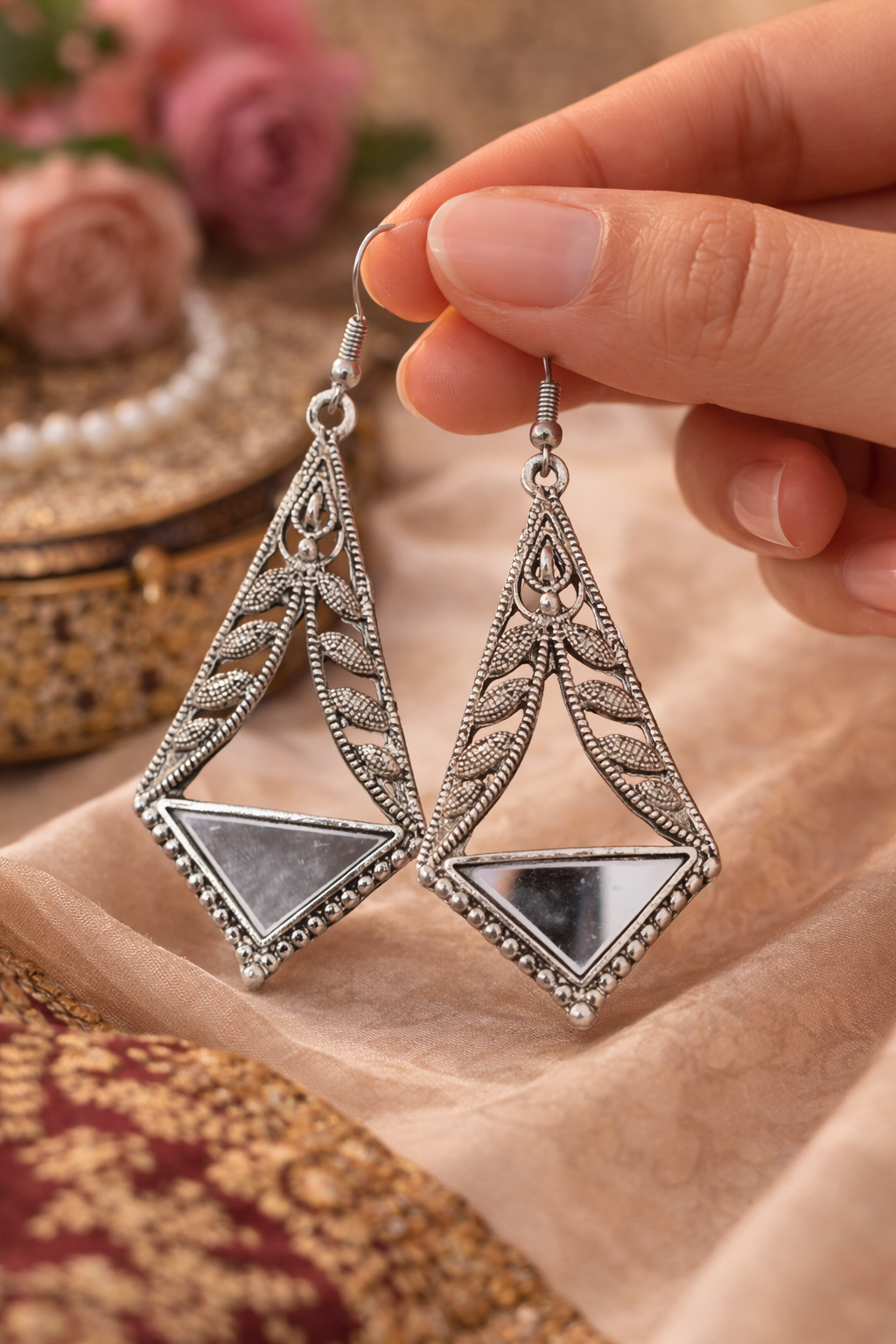 Silver Oxidised Triangle Mirror Dangle Earrings for Women Party Wear Boho