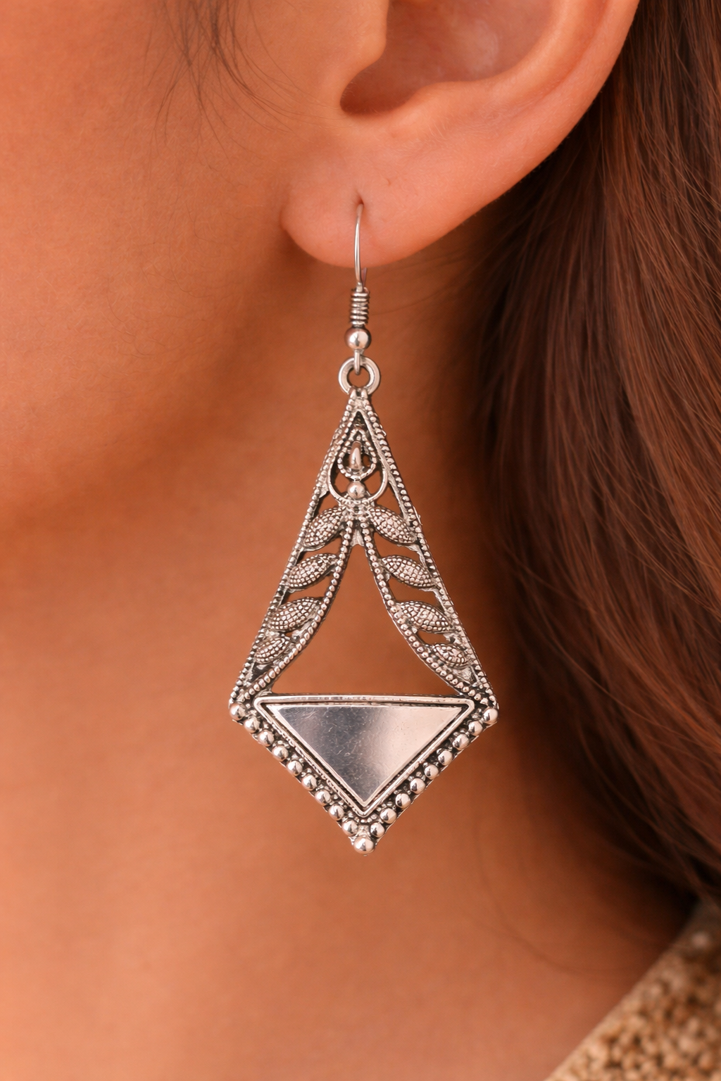 Silver Oxidised Triangle Mirror Dangle Earrings for Women Party Wear Boho