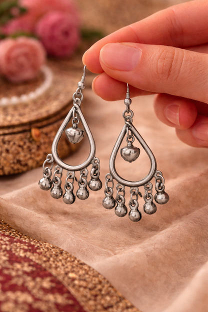 Silver Oxidised Teardrop Ghungroo Earrings for Women Party Wear Ethnic