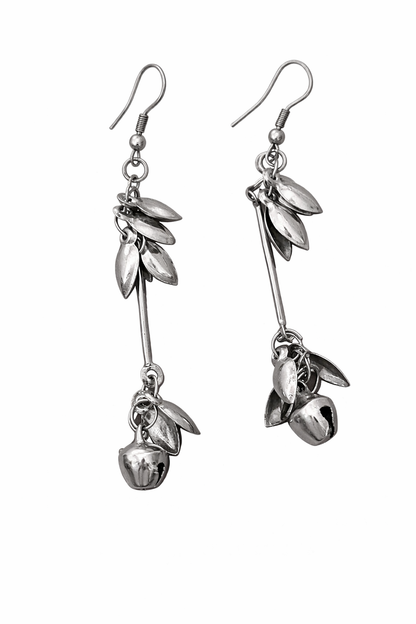 Silver Oxidised Leaf Long Earrings with Ghungroo for Women Party Wear