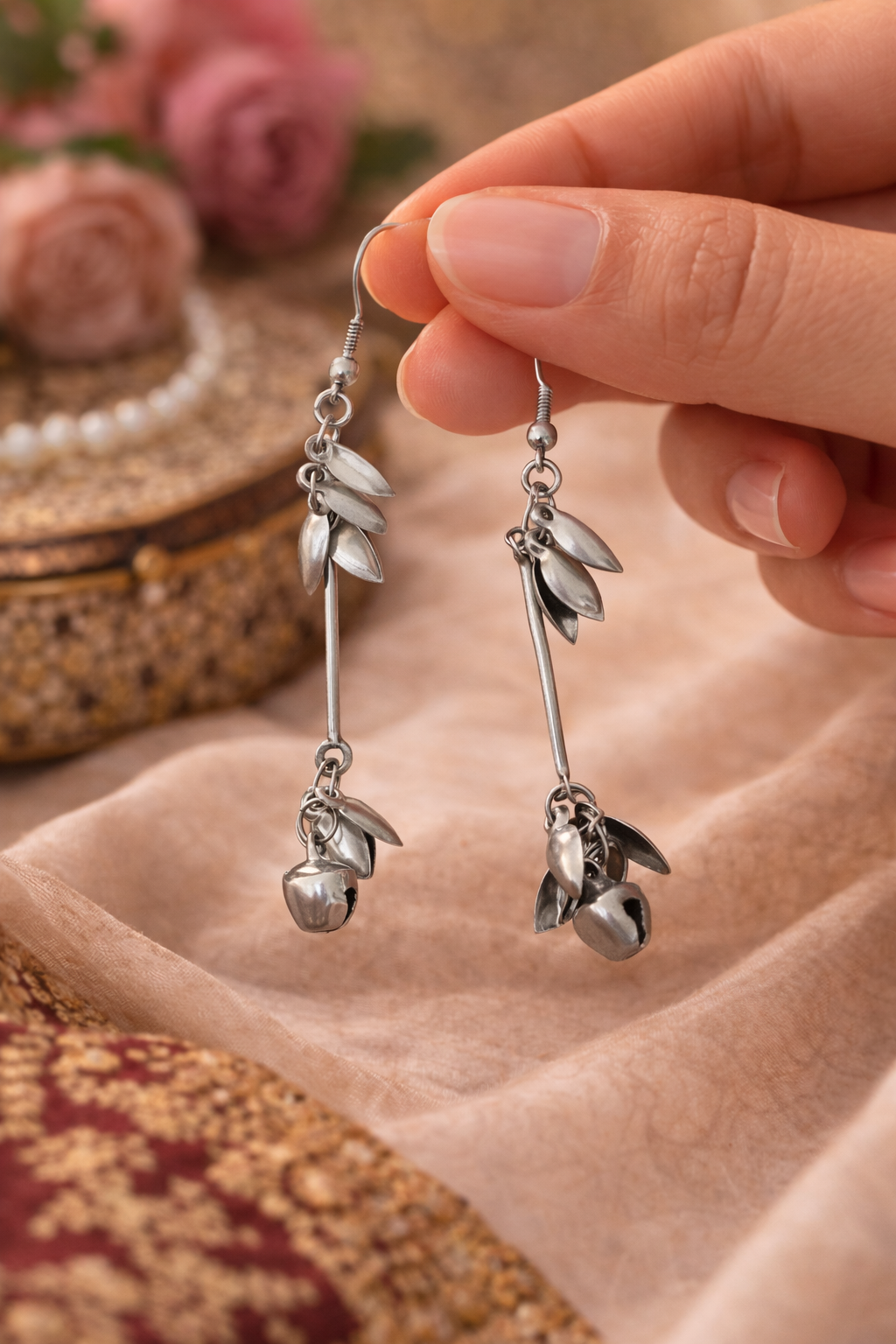 Silver Oxidised Leaf Long Earrings with Ghungroo for Women Party Wear