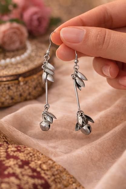 Silver Oxidised Leaf Long Earrings with Ghungroo for Women Party Wear