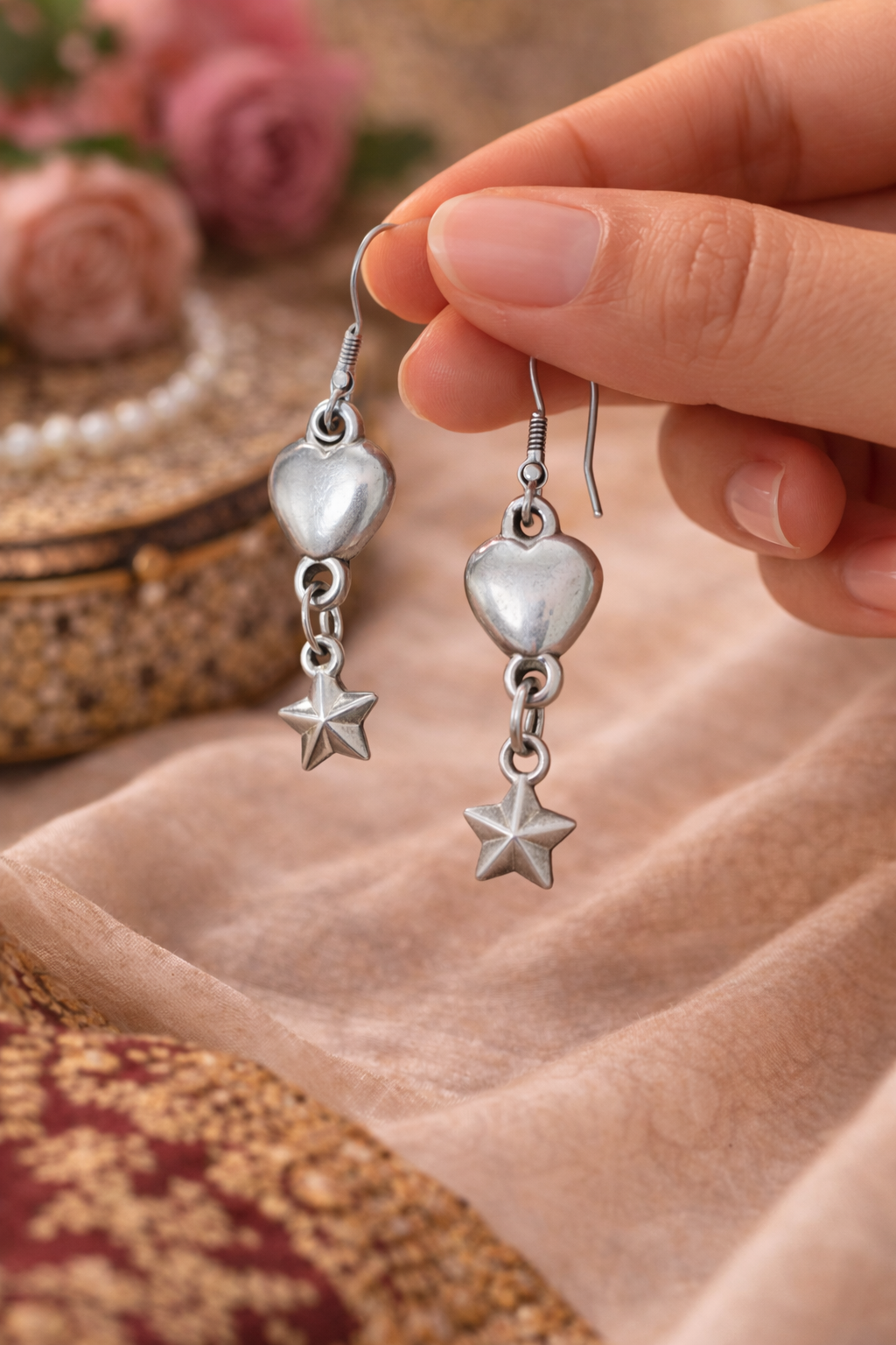 Silver Oxidised Heart Star Earrings for Women Daily Wear Cute Earrings