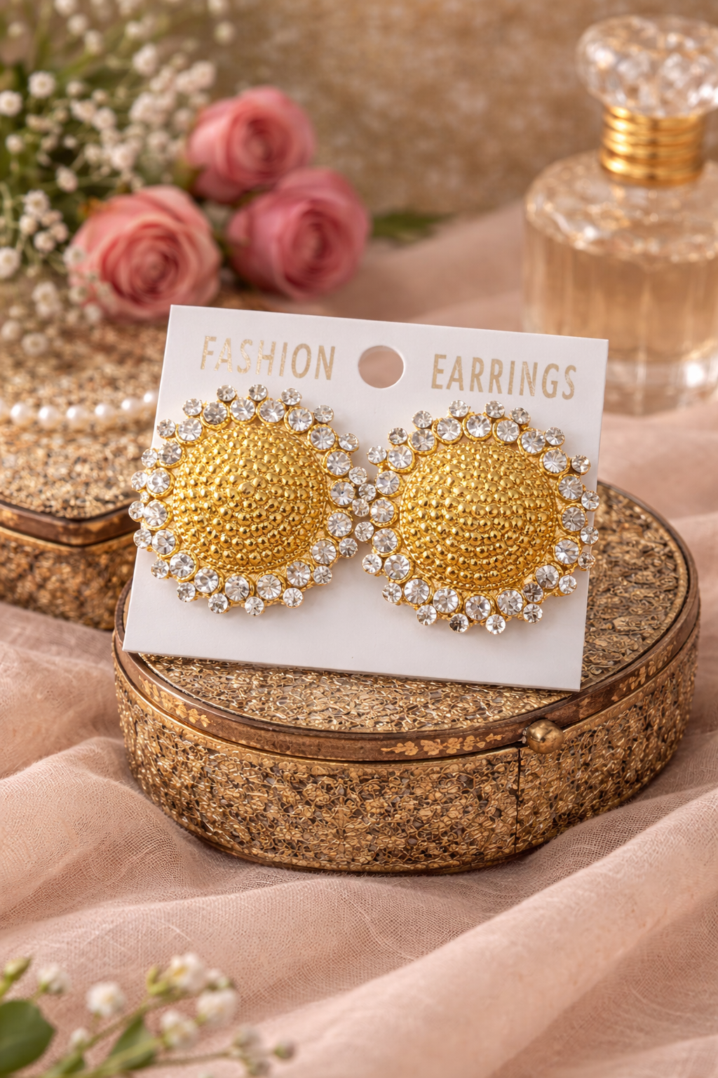 Gold Kundan Stone Round Stud Earrings for Women Party Wear Traditional