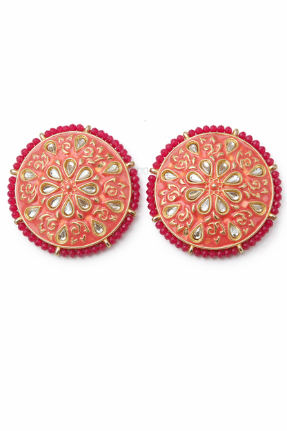 Pink Kundan Round Stud Earrings for Women Party Wear Traditional
