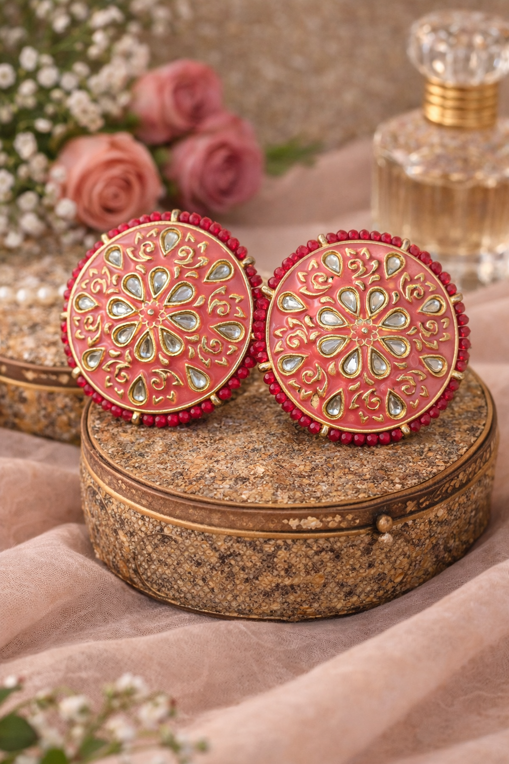 Pink Kundan Round Stud Earrings for Women Party Wear Traditional