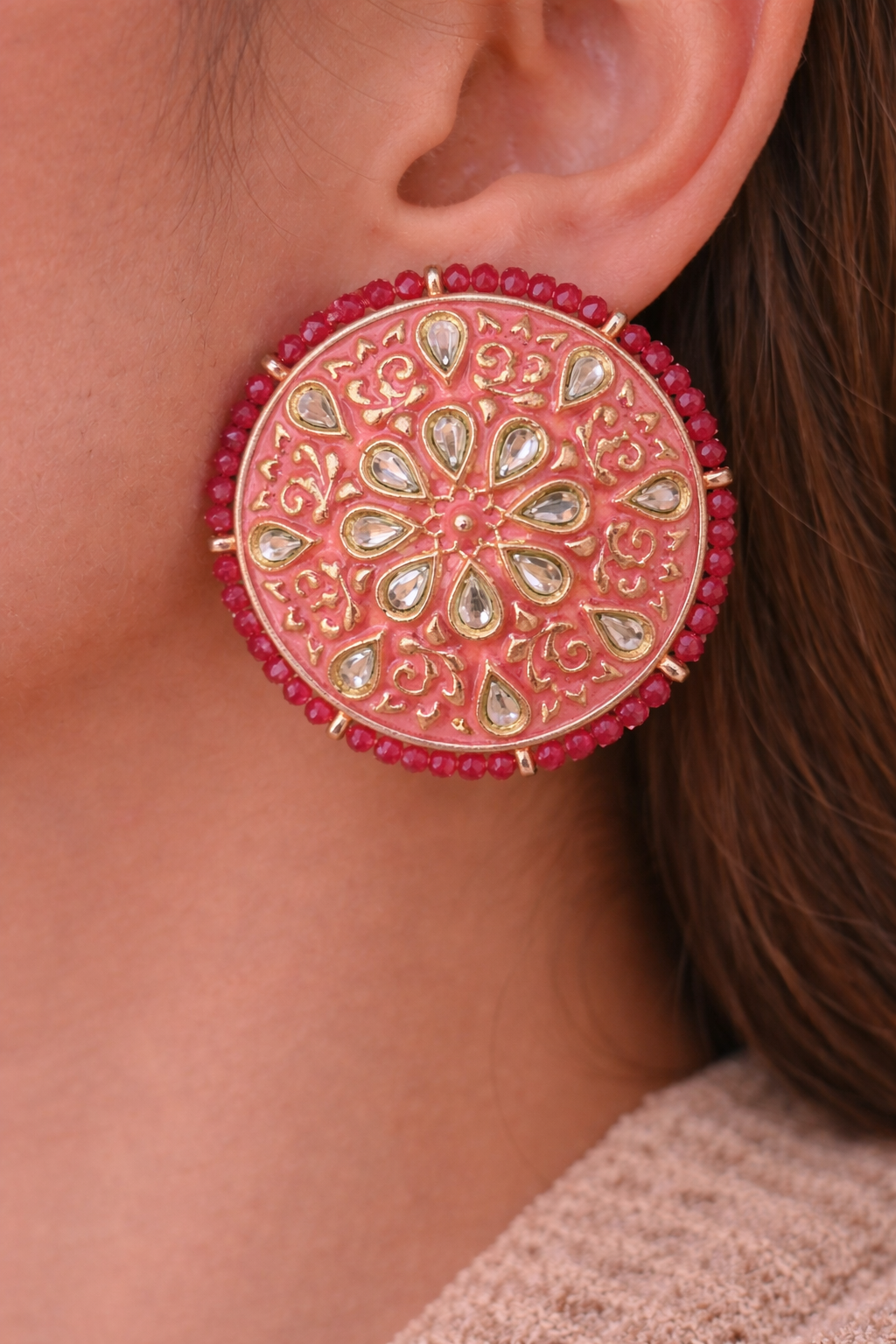 Pink Kundan Round Stud Earrings for Women Party Wear Traditional